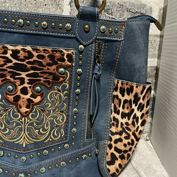 Montana West Embroidered Floral Leopard Concealed Carry Tote bag - Picture 3 of 8